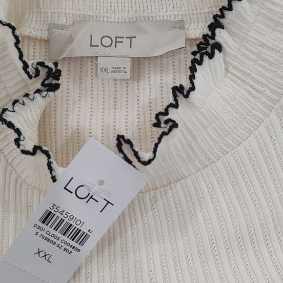 New LOFT Ribbed Cream w/ Black Ruffle Trim High Neck Long Sleeve Pull On Top XXL - Picture 8 of 9